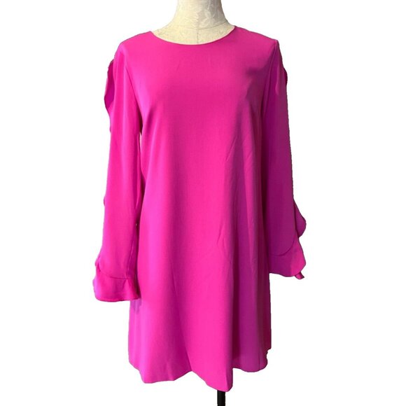 CeCe Shift Dress 10 Pink Long Ruffle Sleeve Faux Silk Career Church Washable - Picture 2 of 12
